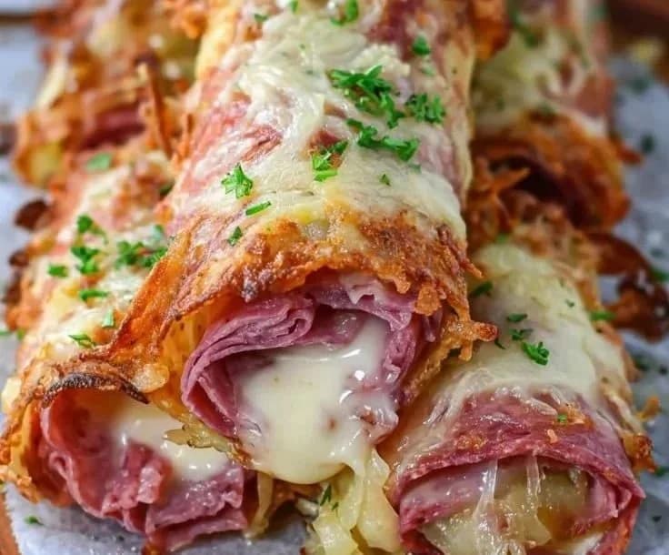 Keto Reuben roll-ups swap rye bread for crispy Swiss cheese rounds